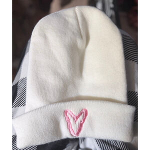 Port & Company White Beanie Hat One Size with Pink Heart